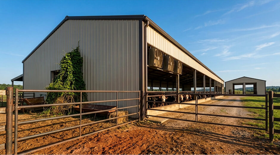 Metal livestock barn with cattle in an adjoining pen on an Alabama farm