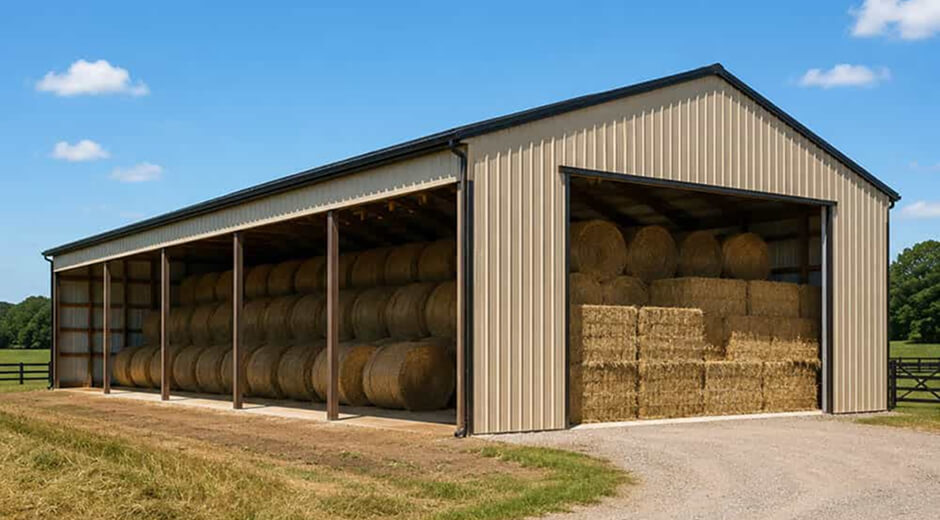 Open-sided metal hay storage barn holding round and square hay bales on an Arkansas farm