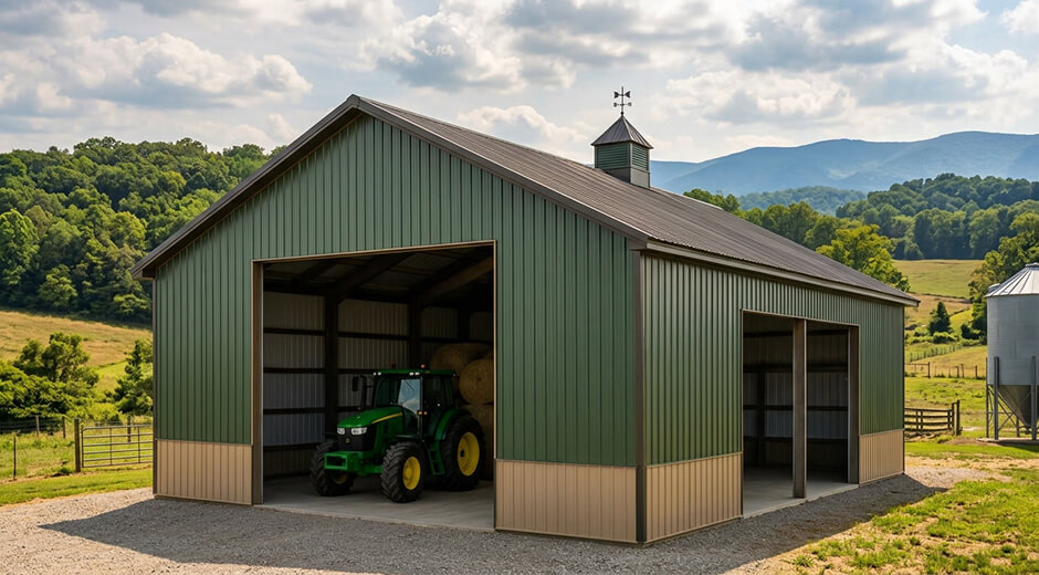 Green and tan metal equipment storage barn with a tractor inside, set against rolling hills in Tennessee