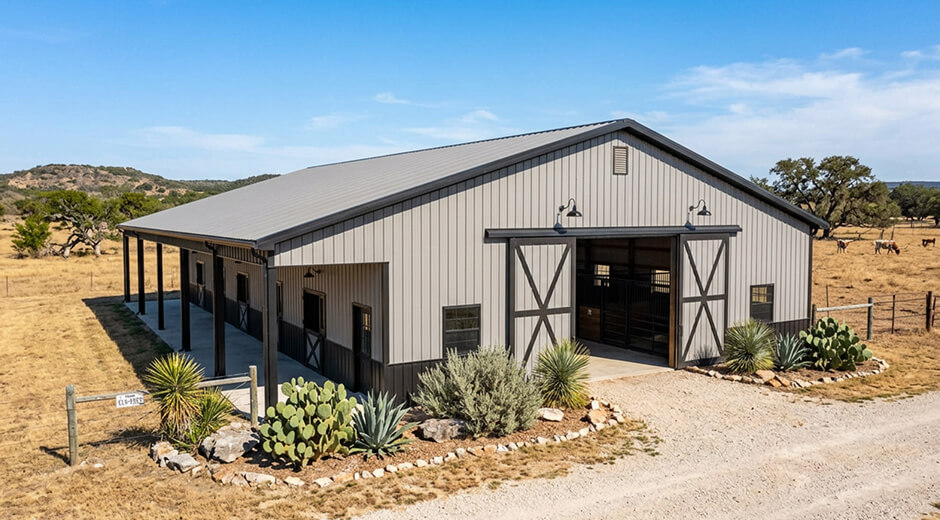 Tan metal barn with covered porch and sliding doors on a Texas ranch property with native desert landscaping