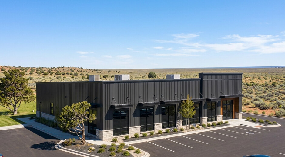 Modern black metal commercial building with parking lot set against a high-desert Utah landscape